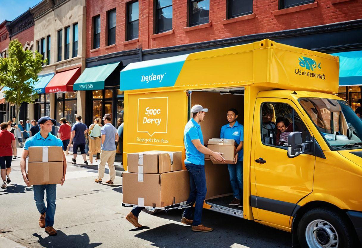 A dynamic scene showcasing a cheerful delivery driver unloading packages from a brightly colored delivery truck, surrounded by smiling customers. Incorporate elements of technology like GPS and drones enhancing the shipping process. The background features a sunny street bustling with happy people and vibrant storefronts. Emphasize warmth and efficiency in the atmosphere. super-realistic. vibrant colors.