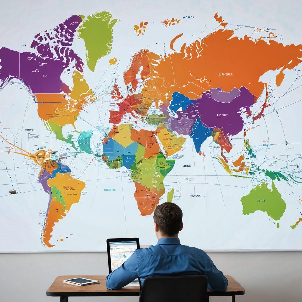An intricately designed world map showcasing shipping routes marked with vibrant lines and arrows, surrounded by various modes of transportation like cargo ships, airplanes, and trucks, all working in harmony. In the foreground, a person analyzing shipping data on a tablet, while a clock representing efficiency ticks above. The color palette should evoke a sense of global connectivity with bright, engaging hues. super-realistic. vibrant colors. white background.