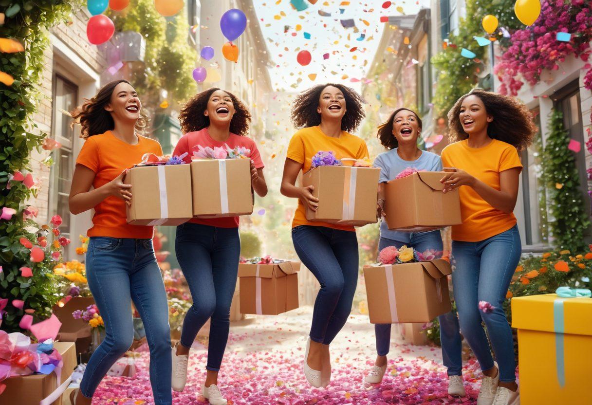 A vibrant scene depicting a joyful delivery experience, featuring a diverse group of people receiving packages with beaming smiles. Include colorful boxes floating in the air, surrounded by playful confetti and blooming flowers symbolizing joy and excitement. The background should showcase a sunny, cheerful atmosphere with a hint of greenery. super-realistic. vibrant colors. cheerful ambiance.